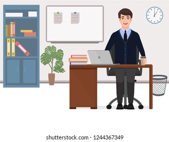 Businessman working in the office, guy sits in the office at the table and drinks coffee, vector illustration on white background