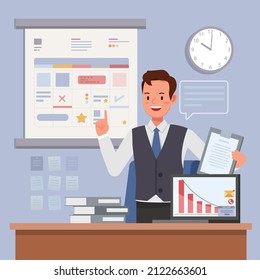 Businessman working in office planning, thinking and economic analysis. people character vector design.