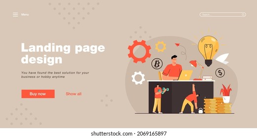 Empresario trabajando a la mesa de oficina y haciendo ejercicio. Hombre haciendo ejercicios y haciendo dinero ilustraciones vectoriales planas. Estilo de vida saludable, trabajo, concepto deportivo para banner, diseño de sitios web o página de inicio