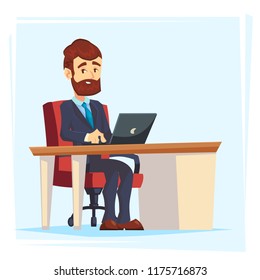 Businessman Working at Office Table. Flat cartoon Design Style. Vector illustration of Cartoon Big Boss with Workspace, Table and Computer.