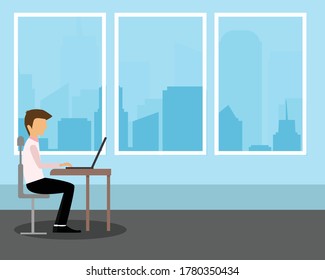 Geschäftsmann arbeitet von Bürovektor-Flachdesign.