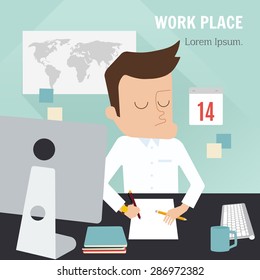 Businessman working at office, vector illustration, flat style
