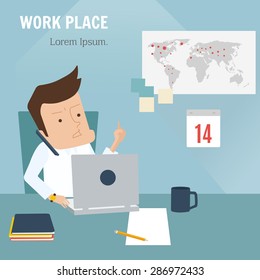 Businessman working at office, vector illustration, flat style