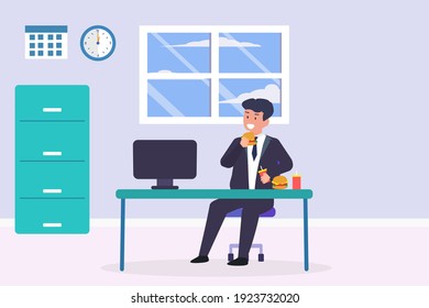 Businessman working at office while eating burger. Unhealthy foods vector concept