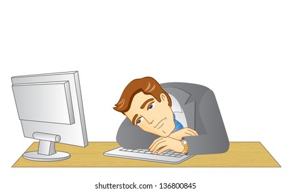 Businessman working in office. In the workplace. Frustrated and tired man. Vector illustration.