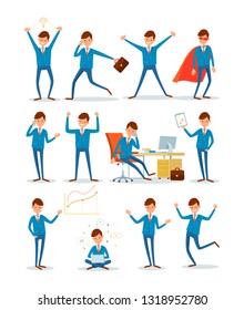 Businessman working in office, workplace of man vector. Boss talking on phone, running with briefcase to work, typing info on laptop. Man hero