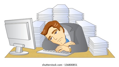 Businessman working in office. In the workplace. A pile of documents. Frustrated and tired man. Vector illustration.