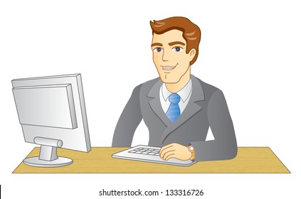 Businessman working in office. In the workplace. Vector illustration.