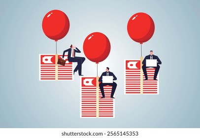 Businessman working on a balloon pulled upward by a balloon