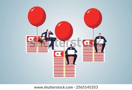 Businessman working on a balloon pulled upward by a balloon