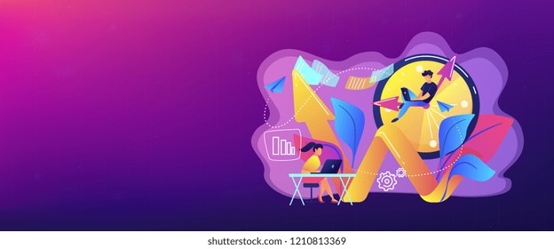 Businessman working on clock hand and businesswoman with laptop. Productivity, efficiency of production, qualification concept on white background. Header or footer banner template with copy space.