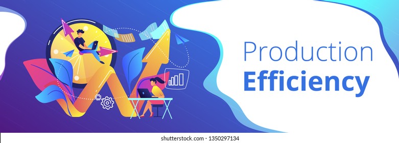 Businessman working on clock hand and businesswoman with laptop. Productivity, efficiency of production, qualification concept on white background. Header or footer banner template with copy space.