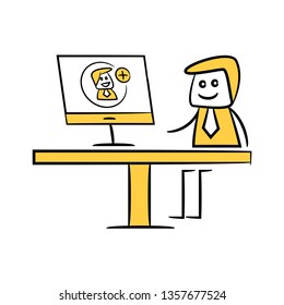businessman working on computer add friend doodle theme