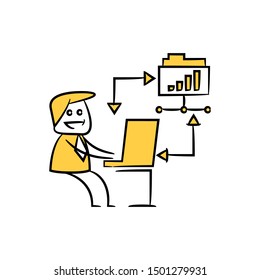 businessman working on computer and analytics data yellow stick figure design
