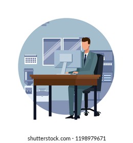 Businessman working on computer cartoon