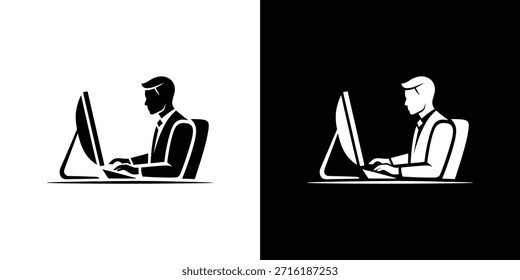 Um homem de negócios trabalhando em um computador representado em estilos pretos e brancos contrastantes