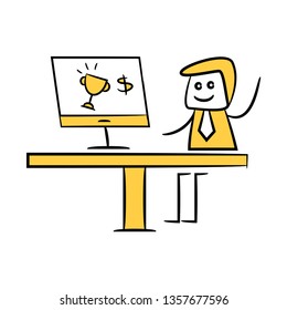 businessman working on computer get reward online doodle theme