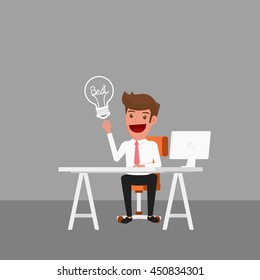 Businessman working on computer and get The best idea. Cartoon Vector Illustration.