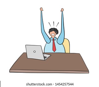 Businessman working on computer and happy, hand-drawn vector illustration. Black outlines and colore.