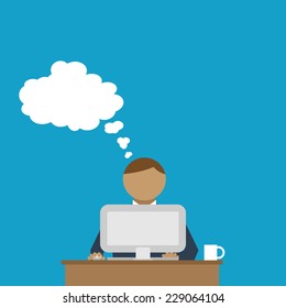 Businessman working on a computer at his desk. Flat design style. Vector