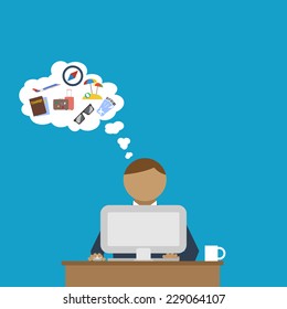 Businessman working on a computer at his desk, dreaming about vacation. Flat design style. Vector