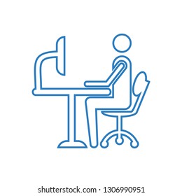 Businessman working on the computer icon - Linear style vector blue
