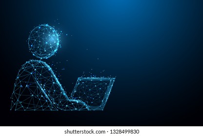 Businessman working on computer icon from lines, triangles and particle style design. Illustration vector