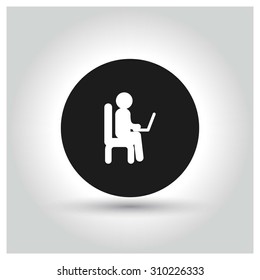 Businessman Working on Computer Icon. Black Circle Pictogram. vector illustration