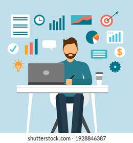 Businessman working on computer with investment statistical data icon or diagram for marketing analysis in flat design. Financial business investor working in office concept.