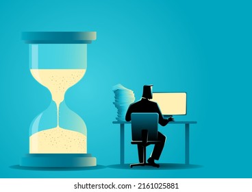 Businessman working on computer to meet deadline symbolize by sand time glass, vector illustration