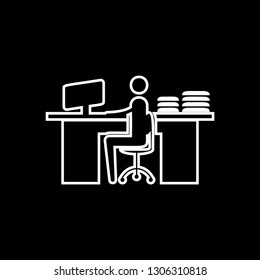 Businessman working on the computer in office icon - linear style vector white