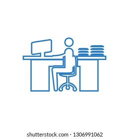 Businessman working on the computer in office icon - linear style vector blue
