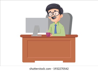 Businessman is working on computer in office. Vector graphic illustration. Individually on a white background.