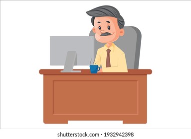 Businessman is working on computer in office. Vector graphic illustration. Individually on a white background.