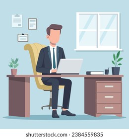 empresario trabajando en computadora, oficina, vector plano, ilustración. tecnología de concepto de diseño trabajo inteligente, personas de negocios sentadas en el escritorio de la oficina