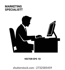Businessman working on computer, office silhouette, professional marketing specialist, vector illustration