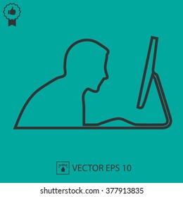 Businessman working on computer. Office vector icon. Simple silhouette.