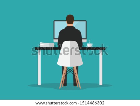 Businessman working on computer in office. Vector illustration