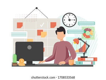Businessman working on computer, scrum task board with stickers and work done check mark, charts, clock behind him, vector flat style design illustration. Office work, workplace, workspace.