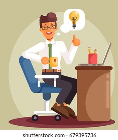 Businessman working on the computer and waiting for a good idea. Cartoon flat style vector illustration