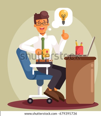 Businessman working on the computer and waiting for a good idea. Cartoon flat style vector illustration