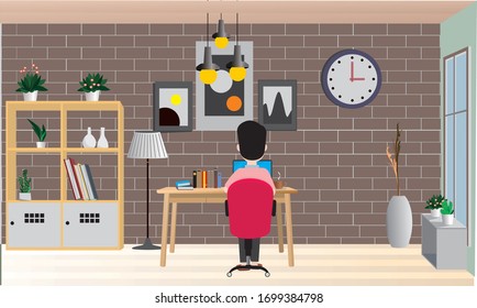 Businessman working on desk with computer at home. Vector illustration.