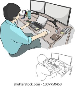 businessman working on desktop computer and laptop notebook vector illustration sketch doodle hand drawn with black lines isolated on white background