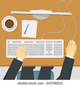 Businessman working on desktop computer in top view vector illustration