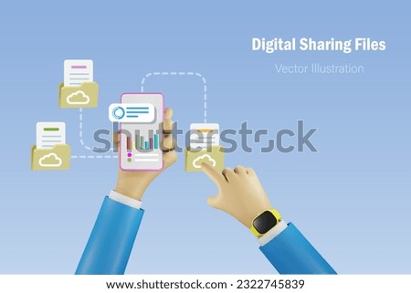 Businessman working on digital folder and files sharing transfered via cloud computing. Wireless technology on mobile and tablet devices for smart working. 