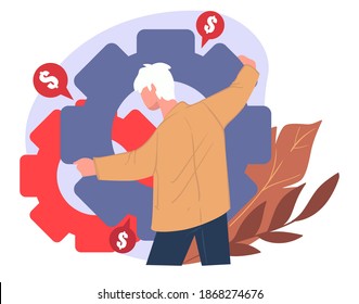 Businessman working on growth of profit and benefit in business. Male character with cogwheel, making money. Investment in project, getting interest in bank. Mechanism and process vector in flat