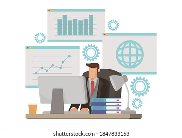 Businessman working on his computer with chart and diagram on his work desk. Concept of corporate working culture. Isolated flat vector illustration.