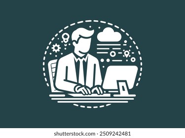 Empresário trabalhando em seu computador com ícone e símbolo de empresa