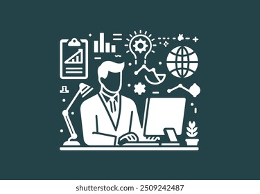 Businessman working on his Computer with business icon and symbol