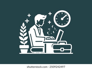 Businessman working on his Computer with business icon and symbol